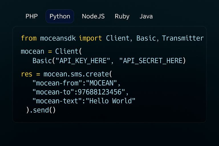Python code example using Mocean’s SMS API to send instant messages