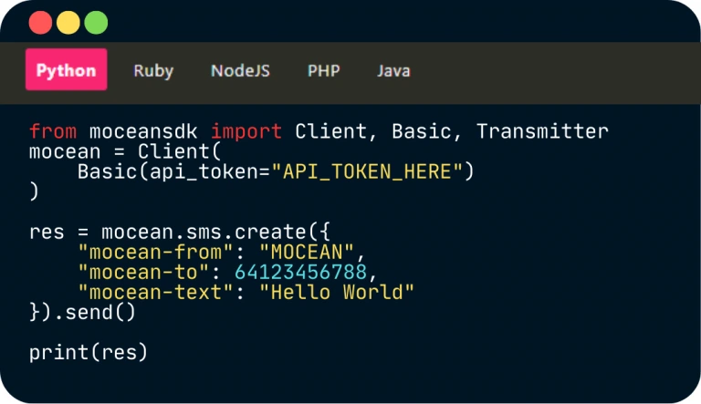 Шуурхай мессеж илгээхийн тулд Mocean-ийн SMS API ашигладаг Python кодын жишээ